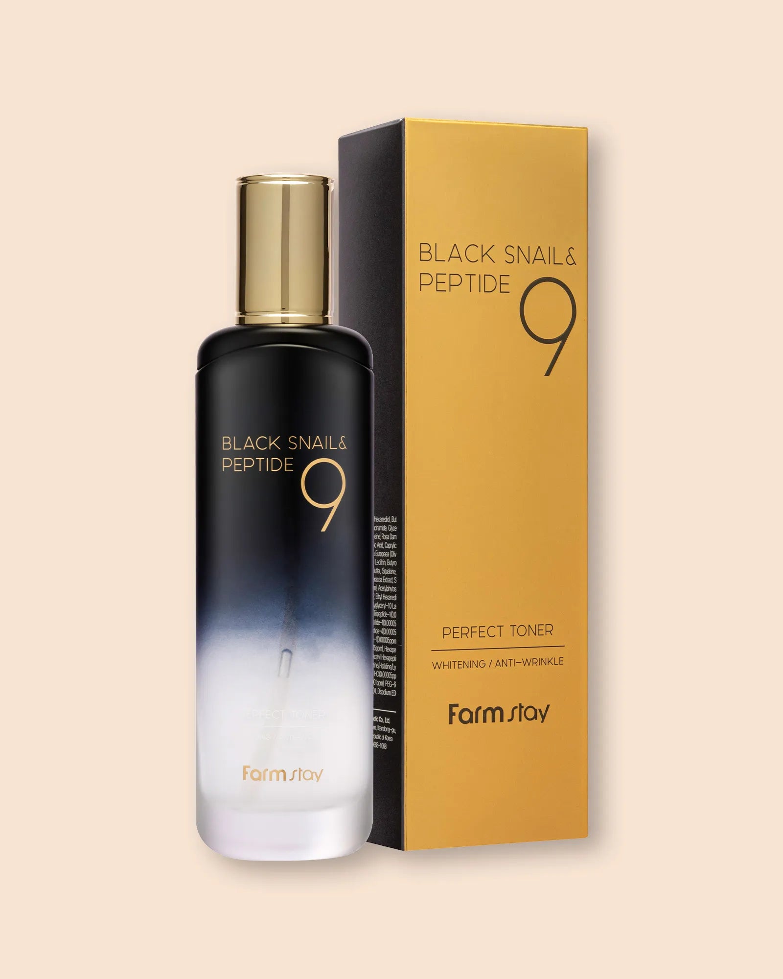 Toner Farmstay Black Snail & Peptide9 Perfect nga BASSKO – pastron butësisht, rigjeneron dhe përgatit lëkurën për kujdes të mëtejshëm.