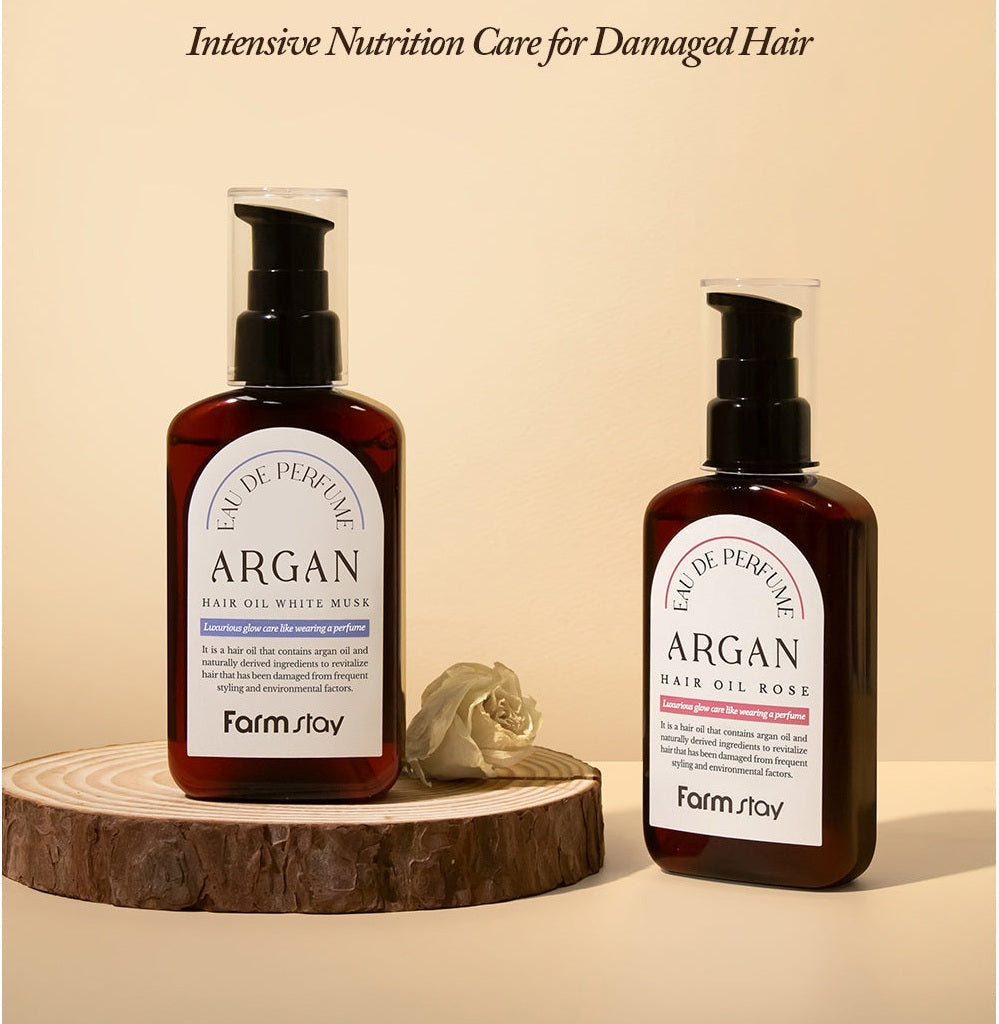 Vaj flokësh Farmstay Eau De Perfume Argan Rose nga BASSKO – ushqen, zbut dhe i jep aromë elegante flokëve.