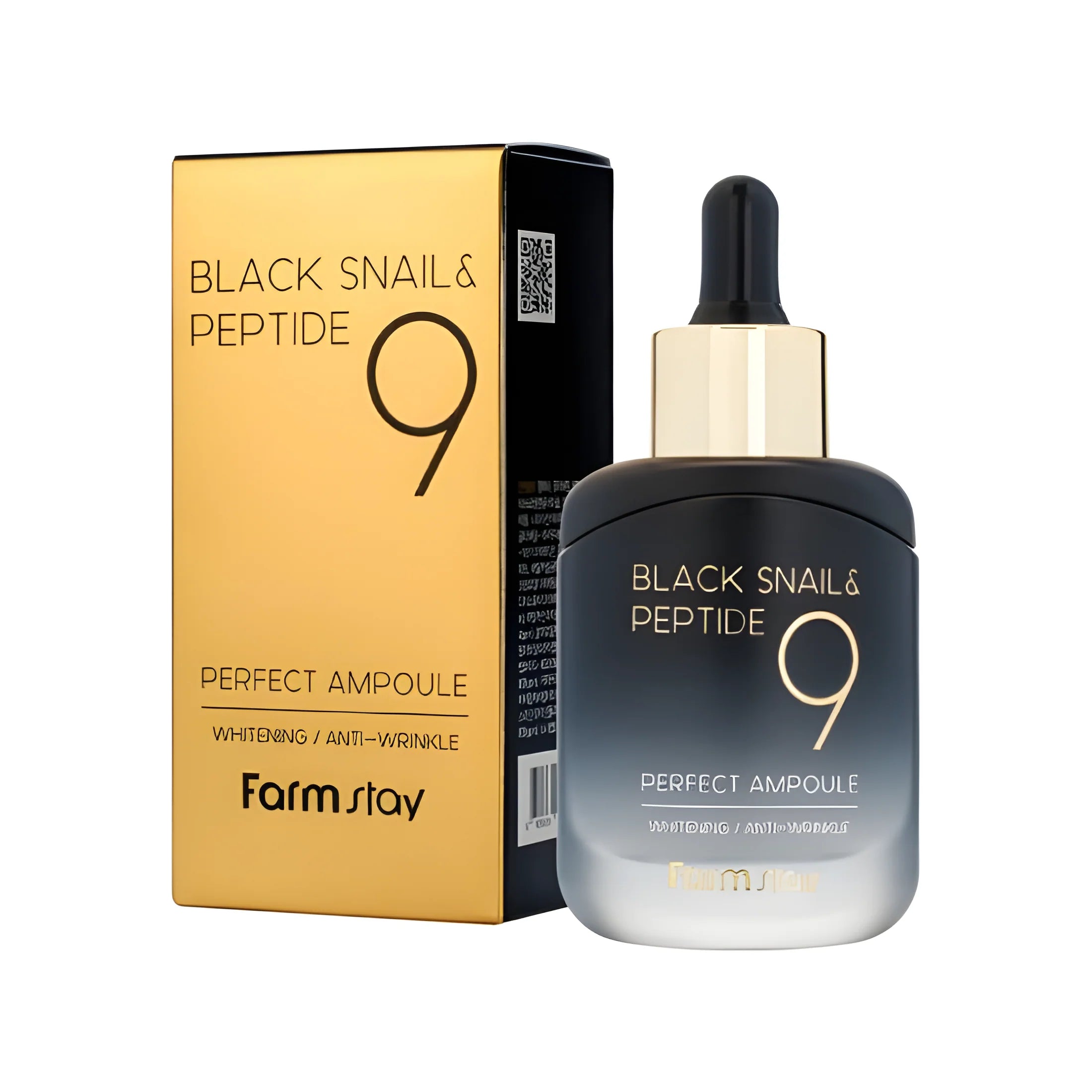 Ampulë Farmstay Black Snail & Peptide9 Perfect nga BASSKO – rigjeneron lëkurën, redukton shenjat e plakjes dhe përmirëson elasticitetin.