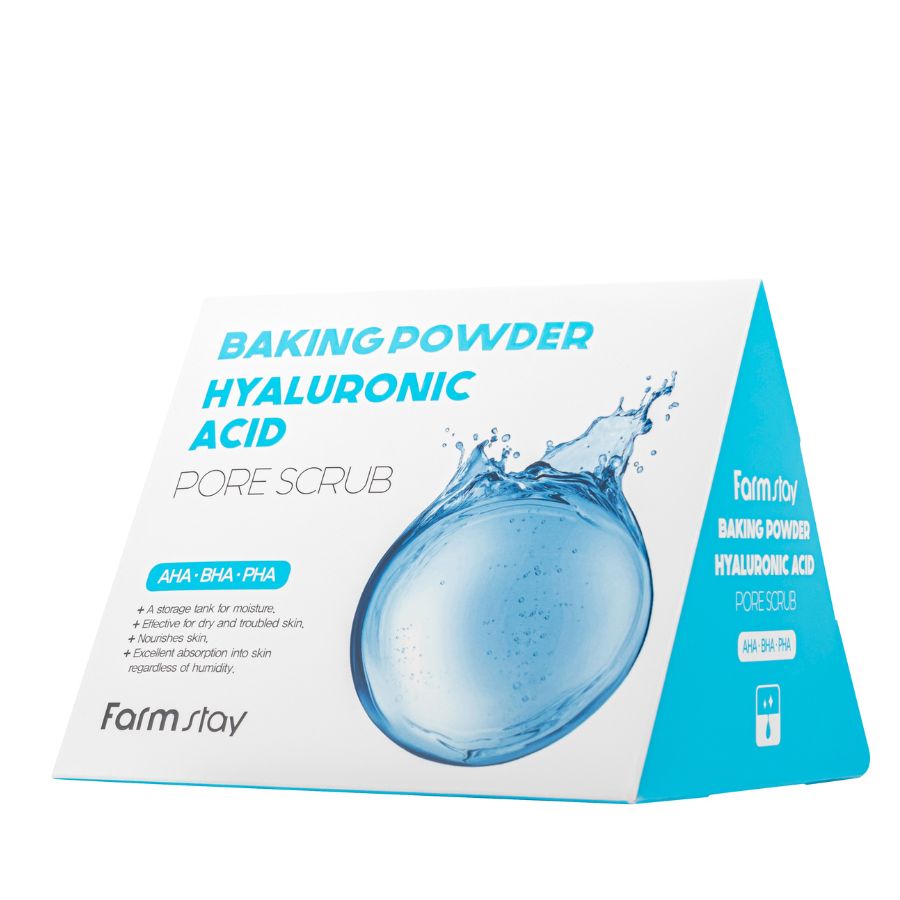 Scrub Farmstay Baking Powder Hyaluronic Acid Pore nga BASSKO – pastron thellë poret, hidraton dhe lë lëkurën të freskët e të butë.