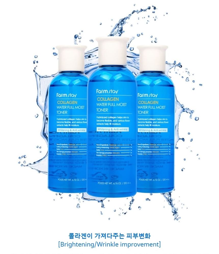 Toner Farmstay Collagen Water Full Moist nga BASSKO – pastron butësisht, hidraton dhe përgatit lëkurën për kujdesin e mëtejshëm.