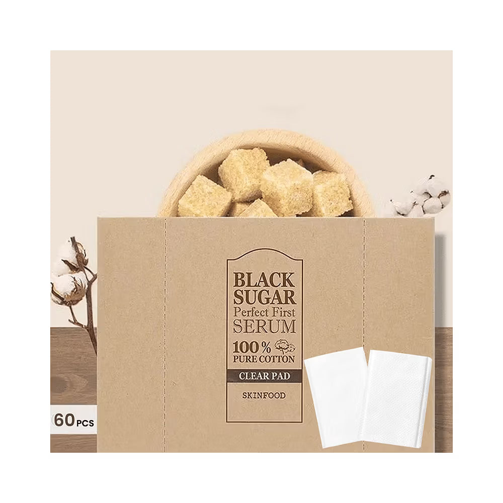 Skinfood Black Sugar Perfect First Serum 100% Pure Cotton Clear Pad – disqe pambuku me serum për eksfolim dhe freski të lëkurës nga Bassko.