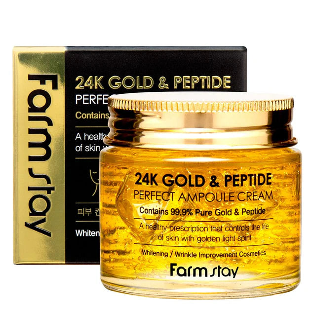 Krem Farmstay 24K Gold & Peptide Perfect Ampoule nga BASSKO – ushqen thellë, përmirëson elasticitetin dhe i jep lëkurës shkëlqim luksoz.