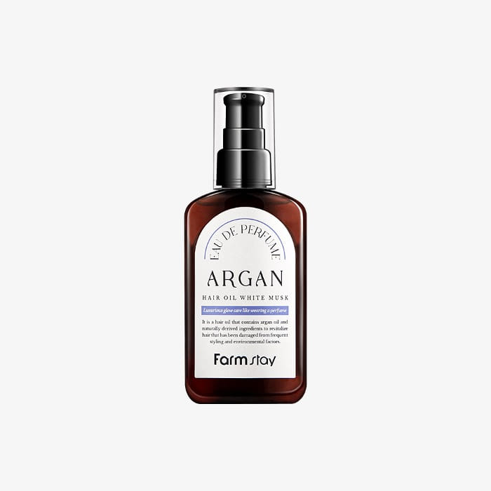 Farmstay Eau de Perfume Argan Hair Oil White Musk – vaj flokësh me argan dhe aromë musk të bardhë për ushqim dhe shkëlqim nga Bassko.